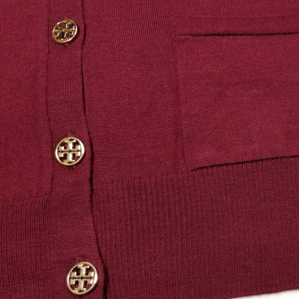 NWT Tory Burch Madeline 100% Merino Wool Cardigan Garnet Red‎ Logo Button XS